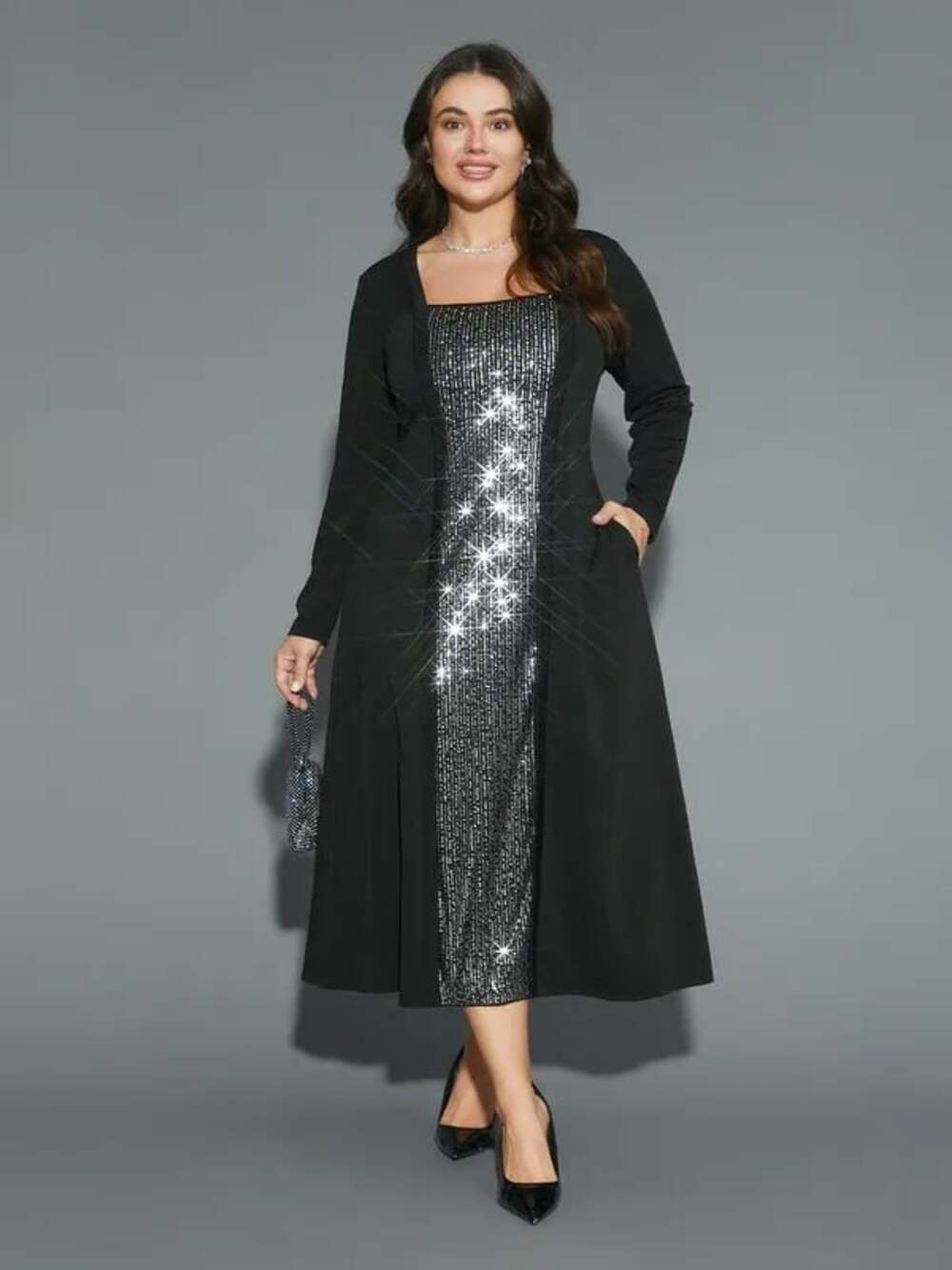 Plus Size 1X 14-16 BloomChic Sequin Patchwork Elastic Waist Dress with Pockets